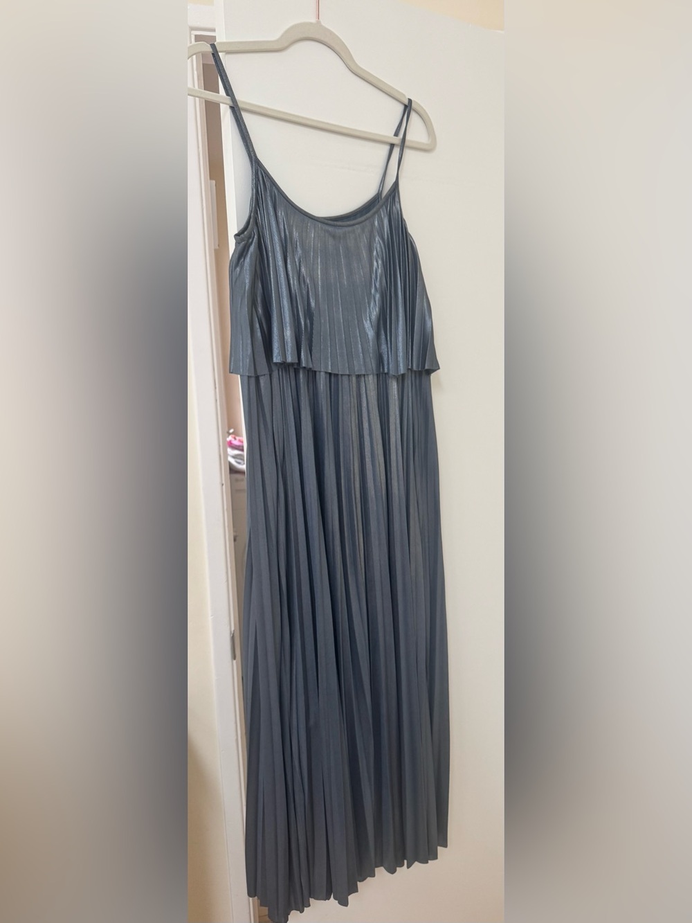 Halston Heritage Silver Metallic Pleated Dress